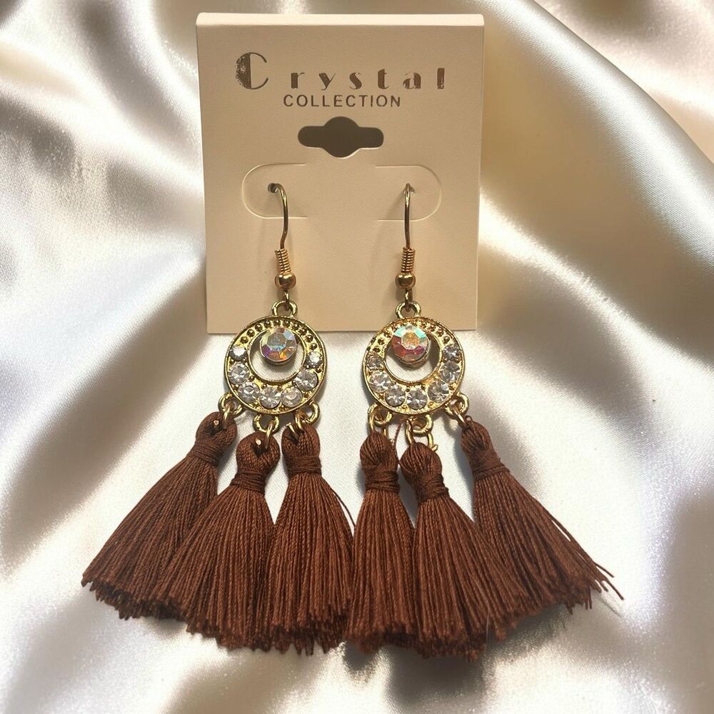 Bohemian Tassel Dangle Fringe Boho Brown / Gold Earrings
